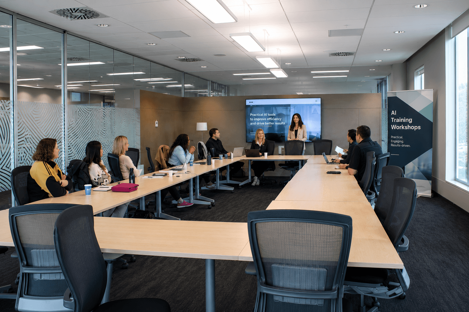 A GetStarted on-site AI training session with attendees seated around the table while the presenter shows AI tools on a large screen